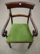 A VICTORIAN MAHOGANY ELBOW CHAIR with gently curved top rail, scrolled arms and turned front