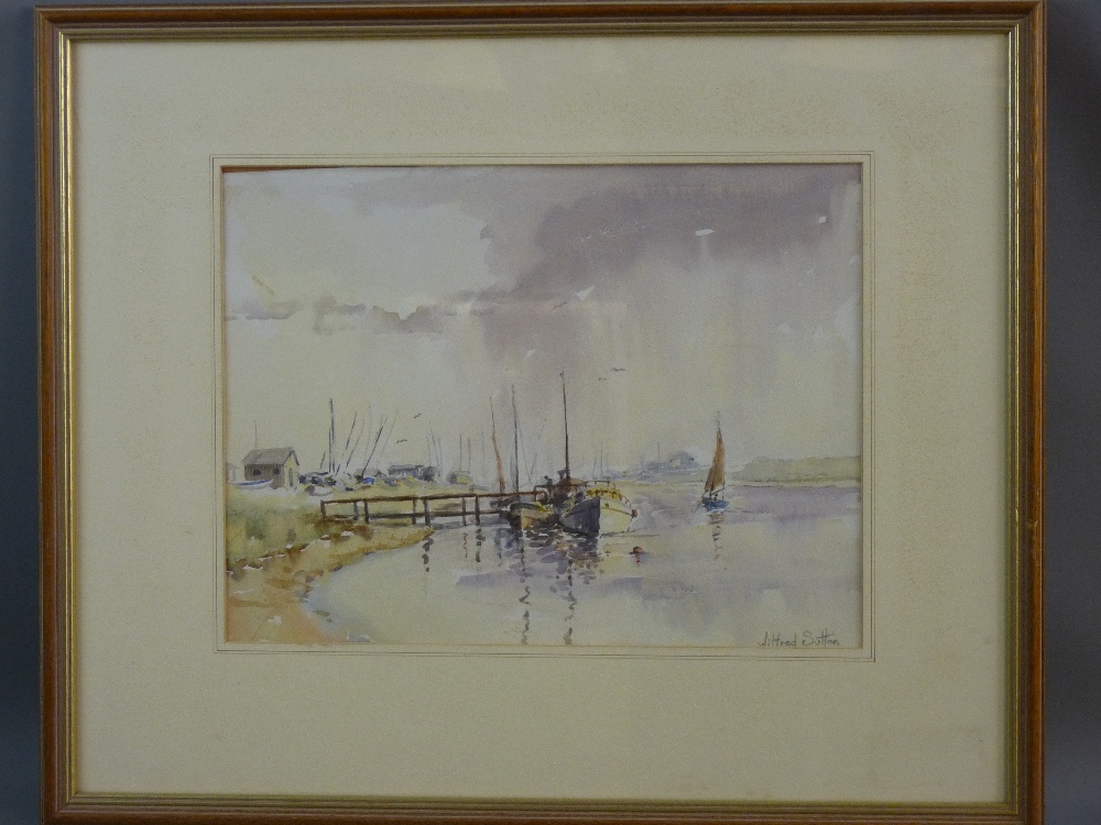 WILFRED SUTTON watercolour - Norfolk Broads scene with boats and figures, signed, 26.5 x 35 cms