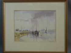 WILFRED SUTTON watercolour - Norfolk Broads scene with boats and figures, signed, 26.5 x 35 cms