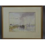 WILFRED SUTTON watercolour - Norfolk Broads scene with boats and figures, signed, 26.5 x 35 cms