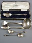 A CASED PRESENTATION SILVER SPOON, initialled 'J', a pair of apostle spoons with twist handles and