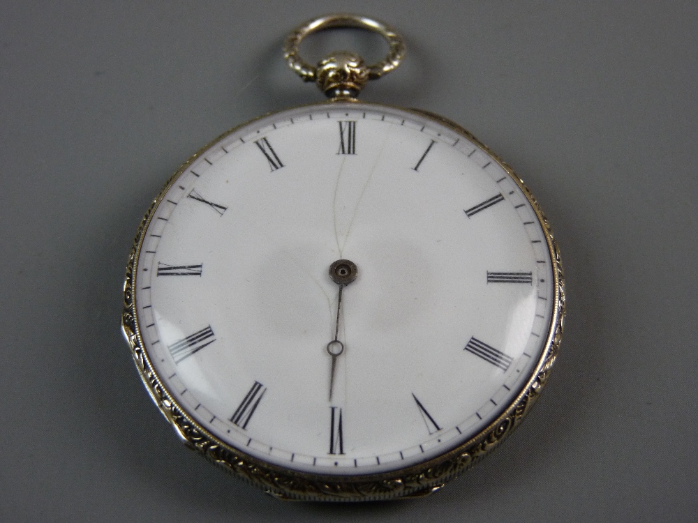 A SLIM, CHASED CASE, OPEN FACED POCKET WATCH, the single hand white enamel dial set with Roman