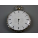 A SLIM, CHASED CASE, OPEN FACED POCKET WATCH, the single hand white enamel dial set with Roman