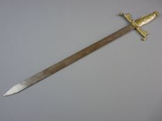 A STRAIGHT STEEL BLADED SHORT SWORD, blade length 52 cms with a brass Celtic style decorative