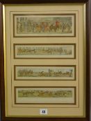 After HENRY ALKEN four coloured hunting prints in one frame and entitled 'A Trip to Leicestershire',