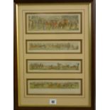 After HENRY ALKEN four coloured hunting prints in one frame and entitled 'A Trip to Leicestershire',