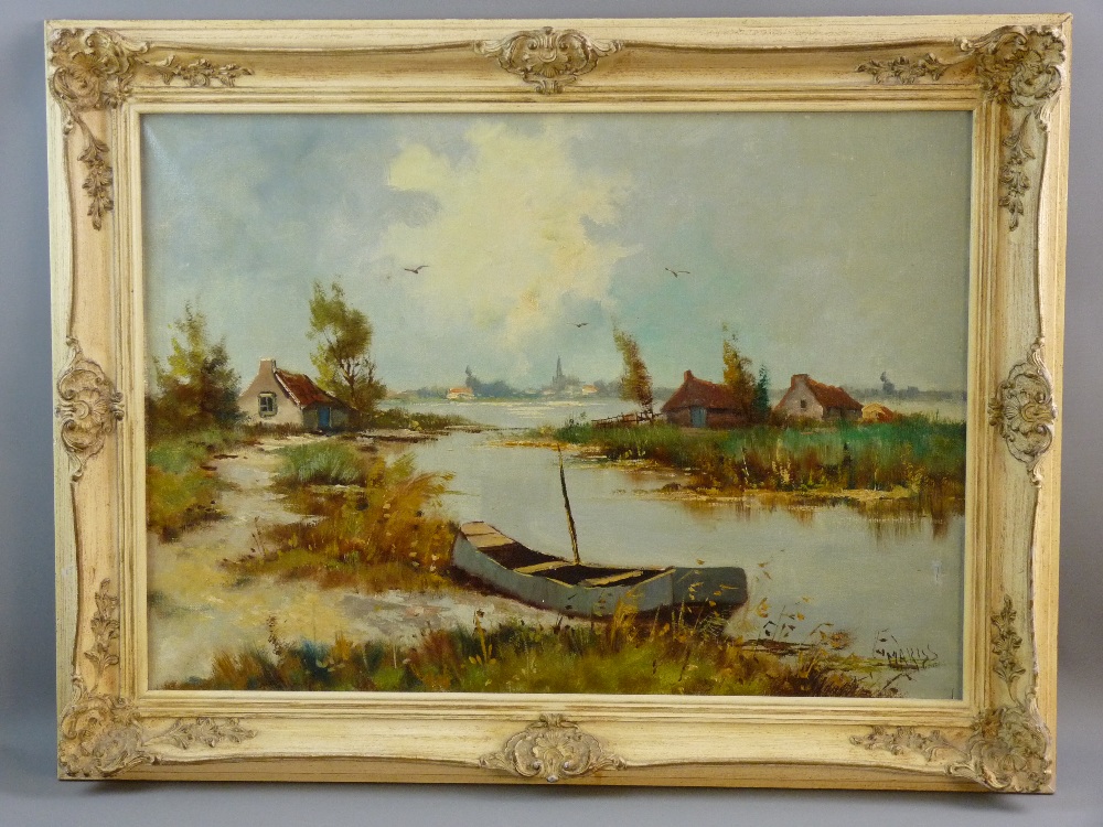 E MARRIS oil on canvas - Continental river scene with beached boat, cottages and distant village and