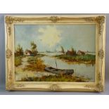 E MARRIS oil on canvas - Continental river scene with beached boat, cottages and distant village and