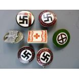 SEVEN GERMAN NAZI PARTY BADGES including a Hungarian ethnic Germans, a Grafe, an Opferring, a