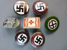 SEVEN GERMAN NAZI PARTY BADGES including a Hungarian ethnic Germans, a Grafe, an Opferring, a