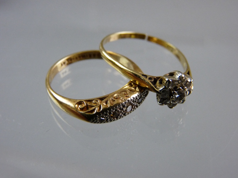 AN EIGHTEEN CARAT GOLD AND PLATINUM DRESS RING with five tiny diamonds, 2.9 grms total and an