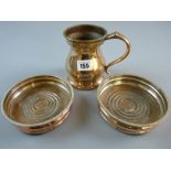A GOOD HEAVY VICTORIAN WAISTED ONE PINT TANKARD and a pair of Sheffield plated wine coasters with