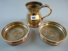 A GOOD HEAVY VICTORIAN WAISTED ONE PINT TANKARD and a pair of Sheffield plated wine coasters with