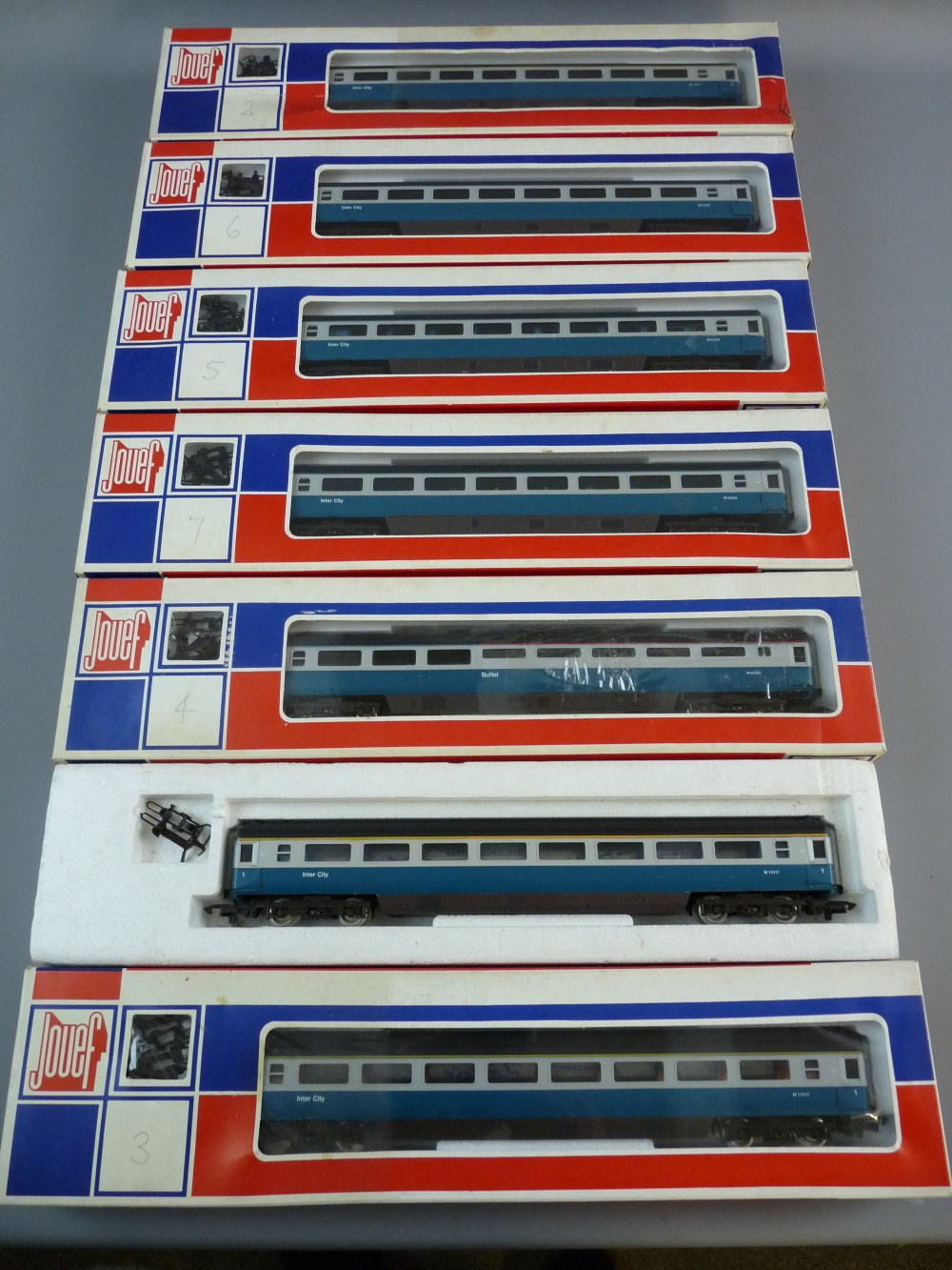 MODEL RAILWAY - Jouef 00 gauge coaches, 5751 x 3, 5752 x 3 and 5753 buffet car, boxed, unused