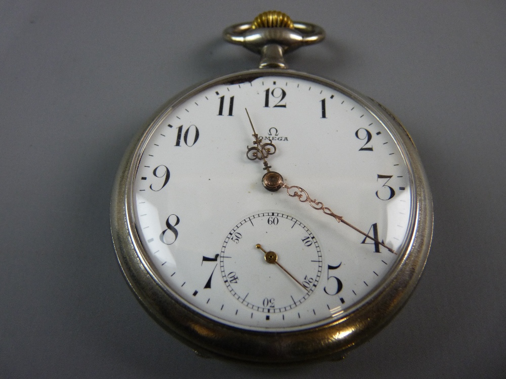 A STEEL CASED OMEGA GENT'S POCKET WATCH, the enamel white dial set with Arabic numerals and inset