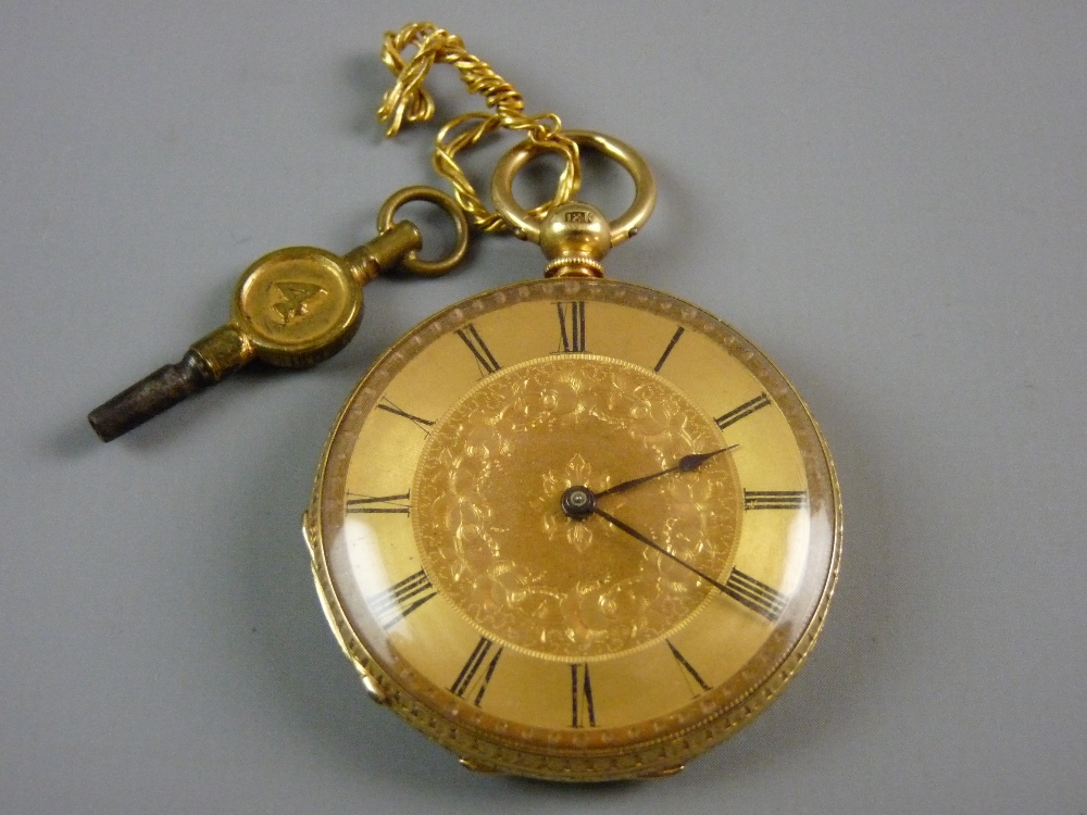 A CASED EIGHTEEN CARAT GOLD ENCASED KEYWIND LADY'S FOB WATCH having Roman numerals and floral