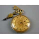 A CASED EIGHTEEN CARAT GOLD ENCASED KEYWIND LADY'S FOB WATCH having Roman numerals and floral