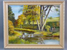 HERBERT KINDER (mid 20th Century) oil on board - rural scene with river weir and figure by a gate,