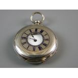 A CIRCA 1870 0.935 SILVER HALF HUNTER CYLINDER POCKET WATCH having a white enamel interior dial