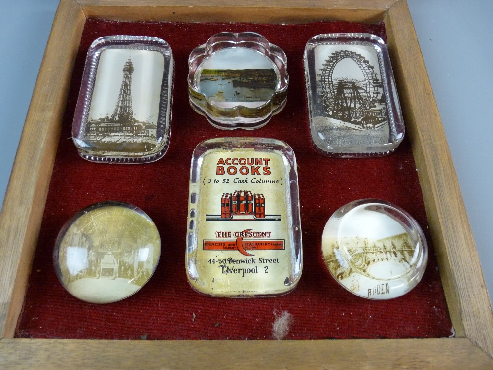 SIX GLASS PERIOD PAPERWEIGHTS, all depicting scenes such as Blackpool Tower etc