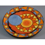 A CIRCULAR LORNA BAILEY 'ECLIPSE' ABSTRACT COLOURFUL CHARGER, limited edition (41/100), 34 cms
