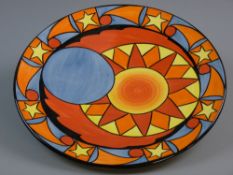 A CIRCULAR LORNA BAILEY 'ECLIPSE' ABSTRACT COLOURFUL CHARGER, limited edition (41/100), 34 cms