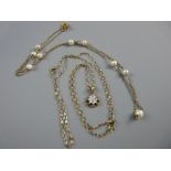 A FINE LINK YELLOW METAL NECKLACE with freshwater pearls, 1.8 grms gross and another fine link