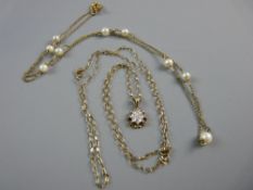 A FINE LINK YELLOW METAL NECKLACE with freshwater pearls, 1.8 grms gross and another fine link