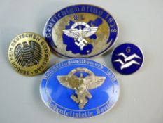 FOUR THIRD REICH ENAMEL BADGES AND ONE OTHER including a 1938 NSFK with silver raised Icarus centre,