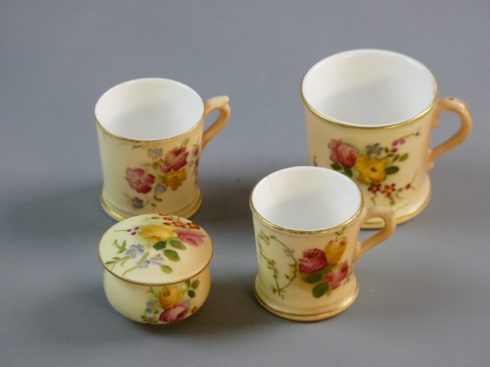 TWO MINIATURE ROYAL WORCESTER MUGS, floral painted (one pink mark and one a green mark), 2.5 cms