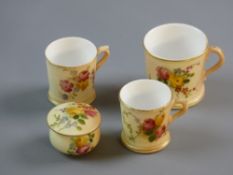 TWO MINIATURE ROYAL WORCESTER MUGS, floral painted (one pink mark and one a green mark), 2.5 cms