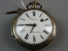 AN 18th CENTURY VERGE FUSEE OPEN FACED POCKET WATCH, the white enamel dial set with Roman