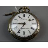 AN 18th CENTURY VERGE FUSEE OPEN FACED POCKET WATCH, the white enamel dial set with Roman