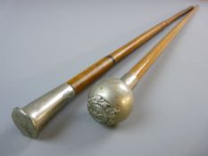 TWO REGIMENTAL SWAGGER STICKS, bamboo with white metal top having a dragon emblem and the letters 'R