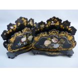 A PAIR OF VICTORIAN PAPIER MACHE LETTER RACKS with mother of pearl and gilt decoration, 19 x 23