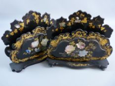 A PAIR OF VICTORIAN PAPIER MACHE LETTER RACKS with mother of pearl and gilt decoration, 19 x 23