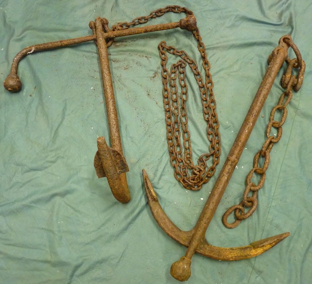 TWO VERY OLD SHIP'S ANCHORS AND CHAINS, one with missing claw