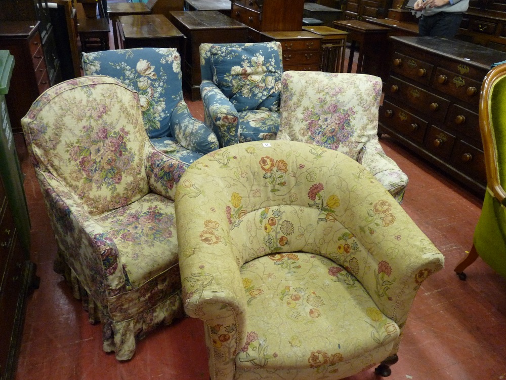 AN ASSORTMENT OF FIVE VICTORIAN/EDWARDIAN ARMCHAIRS including one tub chair