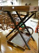 A LATE VICTORIAN MAHOGANY BUTLER'S TRAY AND STAND plus additional tray, 76 cms approximate overall