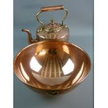 A VICTORIAN COPPER AND BRASS KETTLE AND SPUN COPPER BOWL, the 32 cms diameter bowl with folded rim