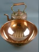 A VICTORIAN COPPER AND BRASS KETTLE AND SPUN COPPER BOWL, the 32 cms diameter bowl with folded rim