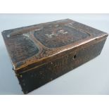 AN ARTS & CRAFTS STYLE COPPER COVERED CIGAR BOX having stylized trees flanking the letters 'H.E',