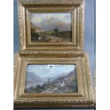 R RICHARDS oils on board, a pair, one under a glass - lakeside cottages and figures on a track