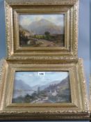 R RICHARDS oils on board, a pair, one under a glass - lakeside cottages and figures on a track