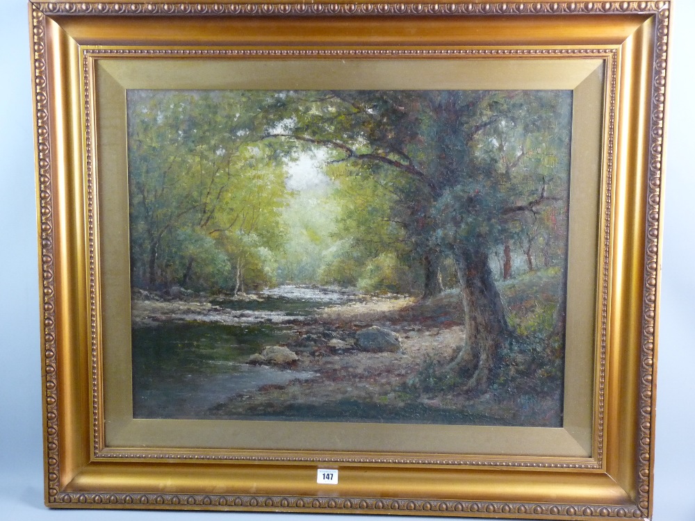 JAMES WILLIAM STAMPER oil on canvas - wooded river scene, signed and entitled to original label
