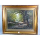 JAMES WILLIAM STAMPER oil on canvas - wooded river scene, signed and entitled to original label