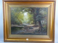 JAMES WILLIAM STAMPER oil on canvas - wooded river scene, signed and entitled to original label