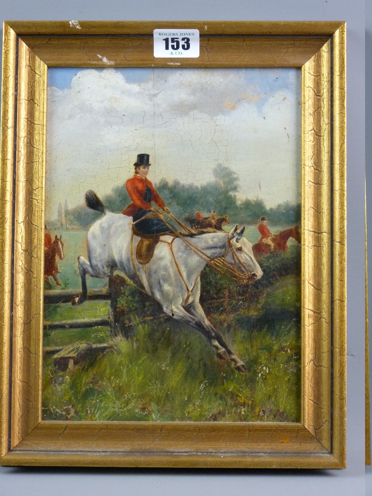 OIL ON BOARD - hunting scene with white horse and lady jockey taking a stile, unsigned but with