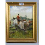 OIL ON BOARD - hunting scene with white horse and lady jockey taking a stile, unsigned but with