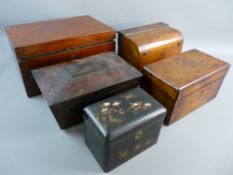 A SELECTION OF FIVE BURR WALNUT, MAHOGANY AND A LACQUERED BOX and including a mahogany tea caddy